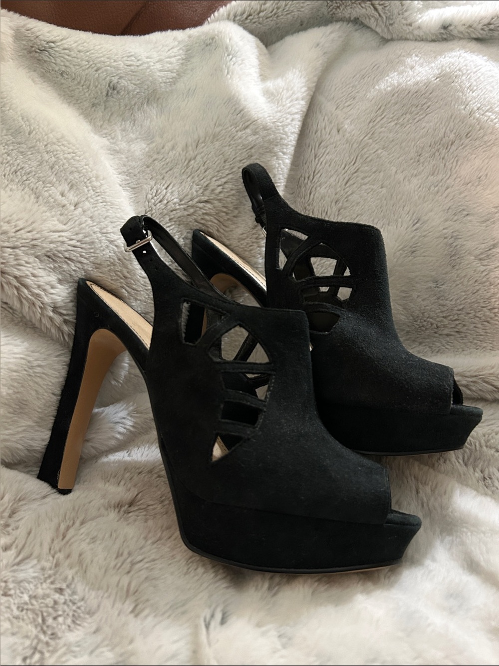 Marc Fisher Trinaa Black Suede Cutout Peep-Toe Platform Slingback Heels